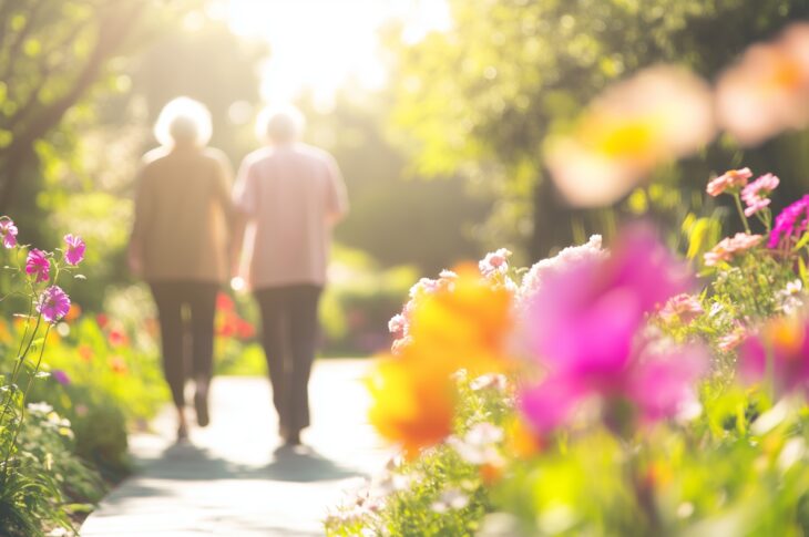 Persona anziana con accompagnatrice passeggia in un giardino